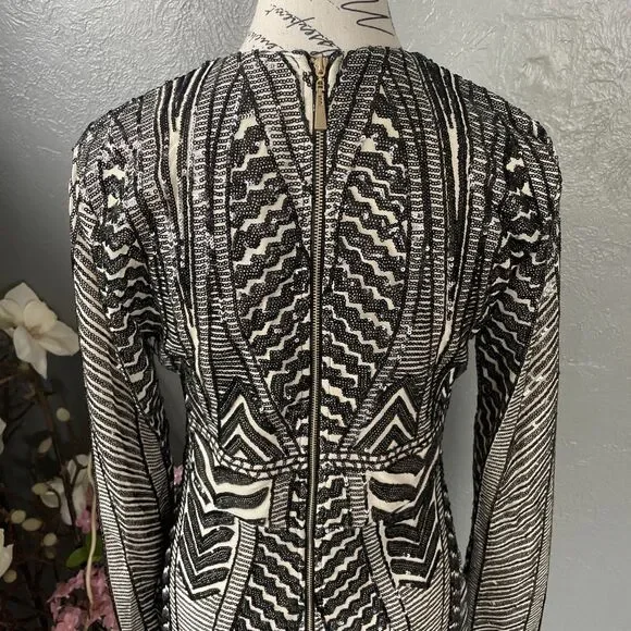 Fashion Nova Diva Sequin Mini Dress X-Large Plunge V-Neck Beige Black Slits Sexy - Picture 8 of 12